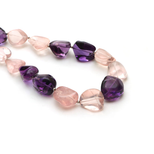 Rose quartz & amethyst smooth tumble beads, 11.5x13 mm to 18.5x21 mm, Tumble shape quartz and amethyst, 22 inches strand, Price per strand