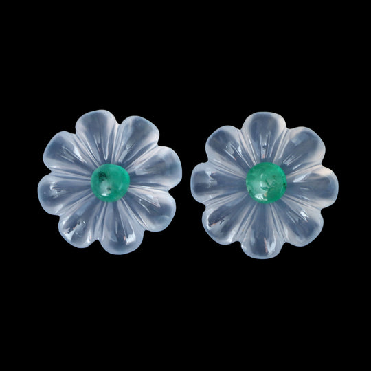 Natural Blue Chalcedony Flower Carving With Emerald Loose Gemstone, 20x20mm, Blue Chalcedony Jewelry Making Gemstone, Pair ( 2 Pieces )