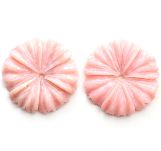 Pink Opal Flower Carving Loose Gemstone, 34x35 mm To 34.5x35 mm, Pink Opal Jewelry Making Gemstone, Flower Carving, Pair ( 2 Pieces )
