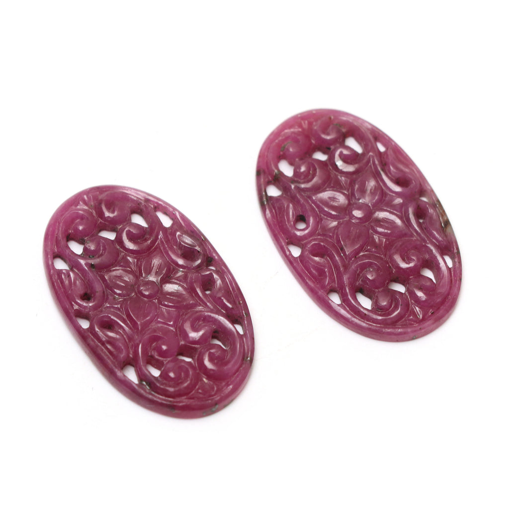 Natural Ruby Carving Oval Shaped Loose Gemstone - 20x33 mm - Ruby Oval, Ruby Carving Loose Gemstone, Pair (2 Pieces) - National Facets, Gemstone Manufacturer, Natural Gemstones, Gemstone Beads