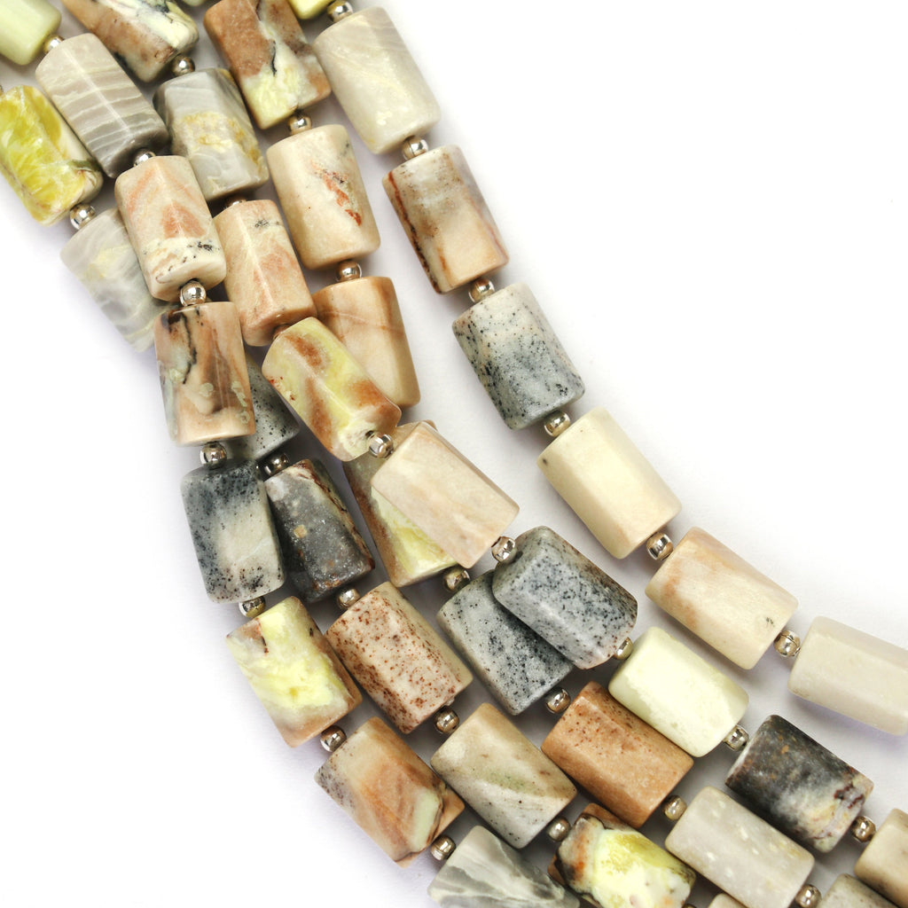 Serpentine with Calcite Cylinder Faceted Beads, Cylinder Faceted- 7x10.5 mm to 7x12.5 mm - Gem Quality , 14 Cm Full Strand, Price Per Strand - National Facets, Gemstone Manufacturer, Natural Gemstones, Gemstone Beads