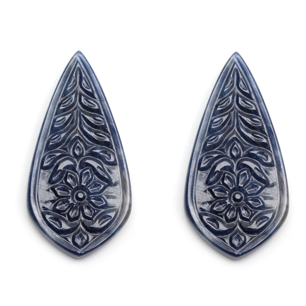 Natural Blue Sapphire Carving Leaf Shape Loose Gemstone - 45x22mm - Sapphire Leaf , Sapphire Carving Loose Gemstone ,Pair (2 Pieces) - National Facets, Gemstone Manufacturer, Natural Gemstones, Gemstone Beads