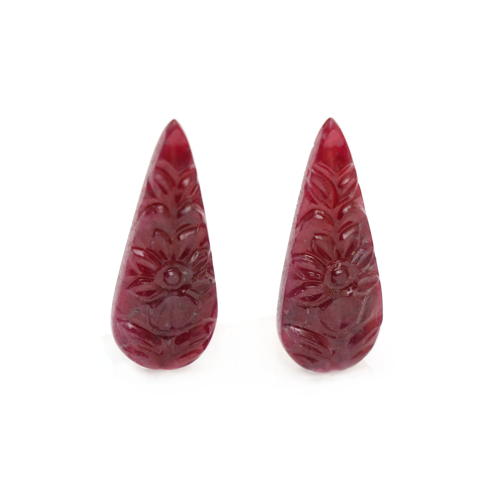 Natural Ruby Carving Pear Shaped Loose Gemstone - 10x27 mm - Ruby Pear, Ruby Carving Loose Gemstone, Pair (2 Pieces) - National Facets, Gemstone Manufacturer, Natural Gemstones, Gemstone Beads