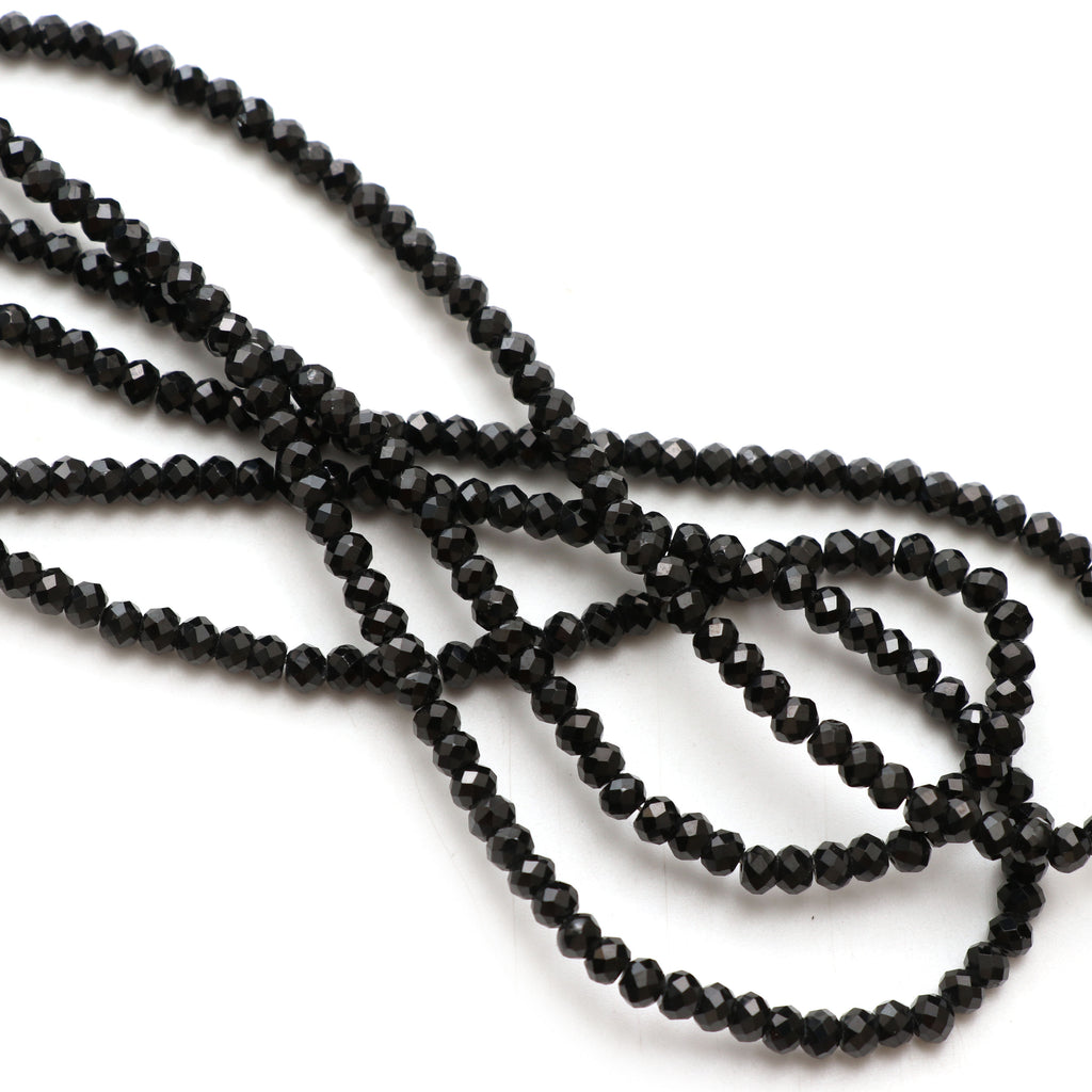 Natural Black Spinel Faceted Rondelle Beads, 4 mm, Black Spinel Rondelle Beads, 17 Inch Full Strand, Price Per Set - National Facets, Gemstone Manufacturer, Natural Gemstones, Gemstone Beads