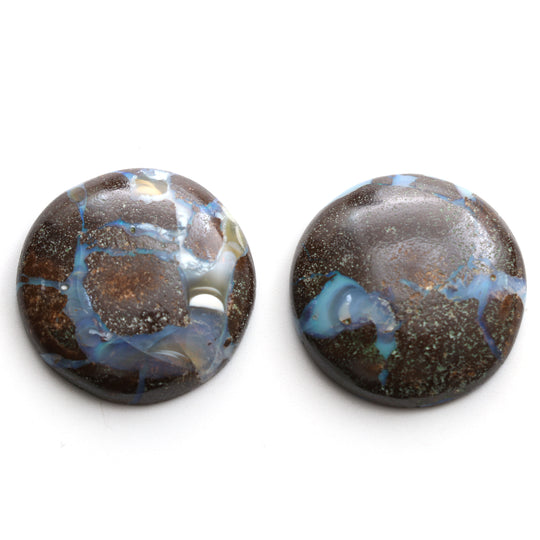 Natural Boulder Opal Smooth Round Cabochon Loose Gemstone, 28 mm, Boulder Opal Jewelry Making Gemstone, Pair