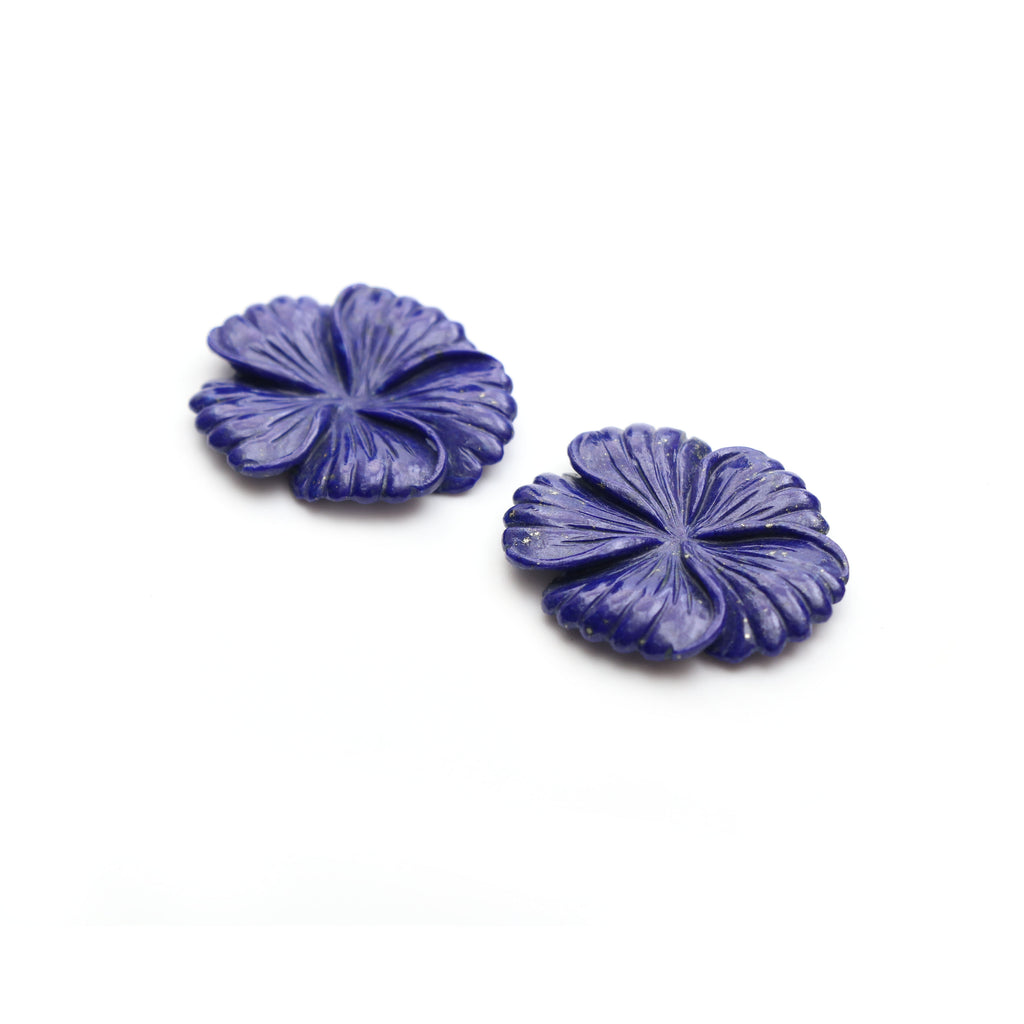 Lapis Carving Flower Loose Gemstone, 32x38 mm, Lapis Jewelry Handmade Gift for Women, Pair ( 2 Pieces ) - National Facets, Gemstone Manufacturer, Natural Gemstones, Gemstone Beads