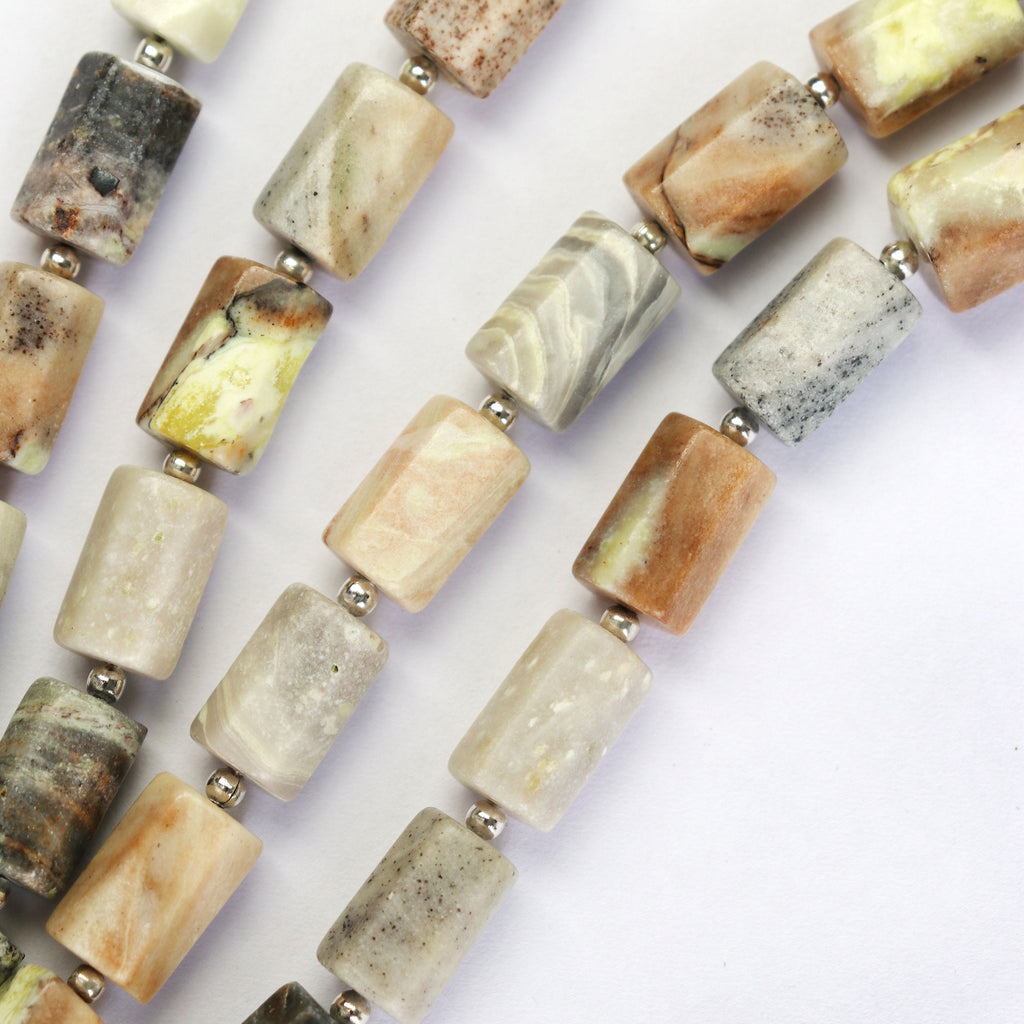 Serpentine with Calcite Cylinder Faceted Beads, Cylinder Faceted- 7x10.5 mm to 7x12.5 mm - Gem Quality , 14 Cm Full Strand, Price Per Strand - National Facets, Gemstone Manufacturer, Natural Gemstones, Gemstone Beads