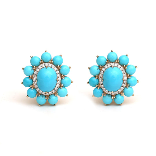 Turquoise and Diamond Halo Stud Earrings in 14k Gold