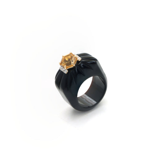 Yellow Aquamrine Hexagon Cut Ring with Black Onyx Carving Shank and Diamonds 14 K Gold Ring