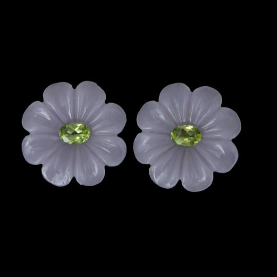 イットリウム フローライト フラワー カービング &amp; ペリドット オーバル ファセット ルース ジェムストーン、25x25mm、イットリウム フローライト ジュエリー ハンドメイド、ペア