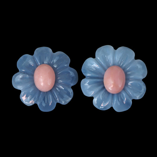Blue Opal Flower Carving With Pink Opal Loose Gemstone, 20x20mm, Blue Opal Jewelry Making Gemstone,Flower Carving, Pair ( 2 Pieces )