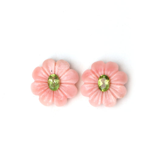Pink Opal Flower Carving, Peridot Oval Faceted Loose Gemstone, 20x20mm, Pink Opal Jewelry Making Carving Gemstone, Pair