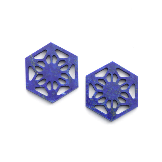 Natural Lapis Hexagon Carving Loose Gemstone Frame, 29x33mm , Lapis Carving Loose Gemstone, Pair (2 Piece)