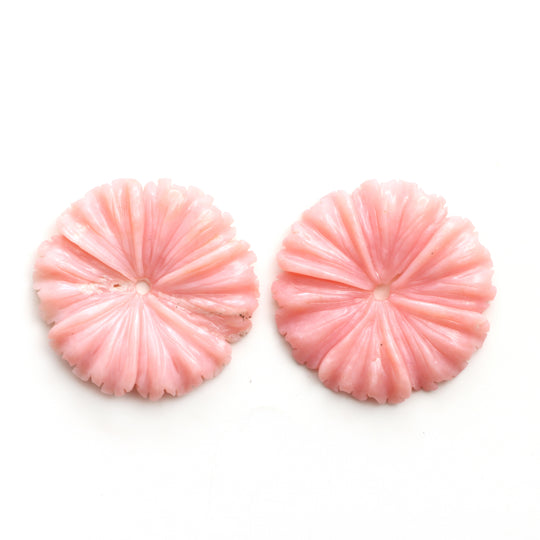 Pink Opal Flower Carving Loose Gemstone, 34.5x34.5 mm, Pink Opal Jewelry Making Gemstone, Flower Carving, Pair ( 2 Pieces )