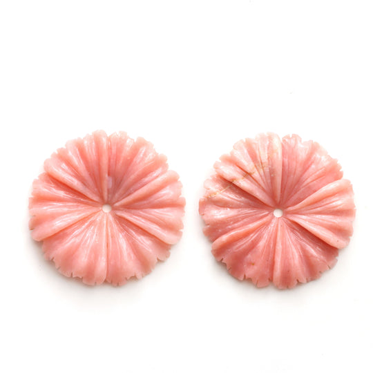 Pink Opal Flower Carving Loose Gemstone, 34.5x35 mm To 35x35.5 mm, Pink Opal Jewelry Making Gemstone, Flower Carving, Pair ( 2 Pieces )