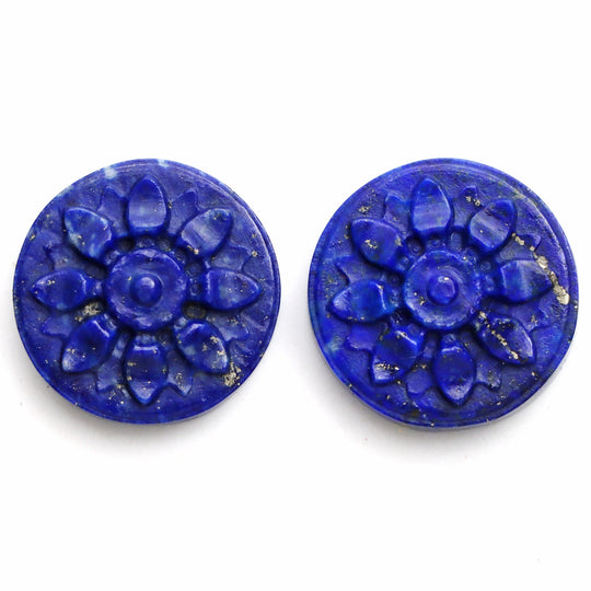 ラピスの花の彫刻用ルース宝石、18 mm ～ 18.5 mm、ラピスのジュエリー製作用宝石、ラピスの花、丸いラピスの彫刻、ペア (2 個)