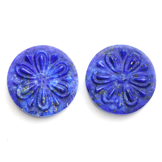 ラピスの花の彫刻用ルース宝石、18.5 mm ～ 19 mm、ラピスのジュエリー製作用宝石、ラピスの花、丸いラピスの彫刻、ペア (2 個)