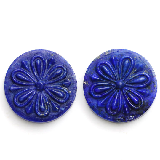 ラピスの花の彫刻用ルース宝石、18.5 mm、ラピスのジュエリー製作用宝石、ラピスの花、ラウンドラピスの彫刻、ペア（2個）