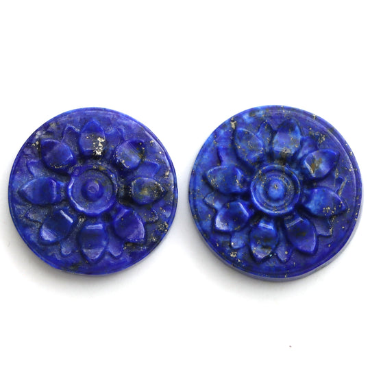 ラピスの花の彫刻用ルース宝石、18.5 mm ～ 19 mm、ラピスのジュエリー製作用宝石、ラピスの花、丸いラピスの彫刻、ペア (2 個)