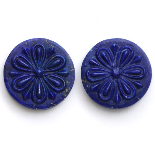 ラピスの花の彫刻用ルース宝石、18.5 mm、ラピスのジュエリー製作用宝石、ラピスの花、ラウンドラピスの彫刻、ペア（2個）
