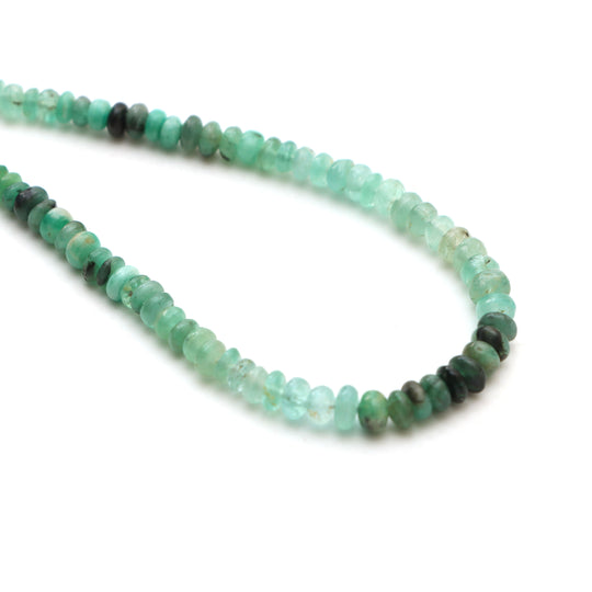 エメラルド スムース ロンデル ビーズ、3 mm ～ 4.5 mm、エメラルド ジュエリー メイキング ビーズ、ロンデル シェイプ エメラルド ビーズ、18 インチ ストランド、1 ストランドあたりの価格