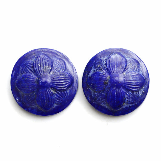 Lapis Round Flower Carving Loose Gemstone, 19x19 mm, Lapis Jewelry Making Gemstone, Lapis Flower, Round Lapis Carving, Pair ( 2 Piece )