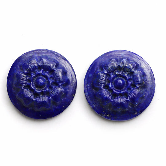Lapis Round Flower Carving Loose Gemstone, 19x19 mm To 19.5x19.5 mm, Lapis Jewelry Making Gemstone, Round Lapis Carving, Pair ( 2 Pieces )