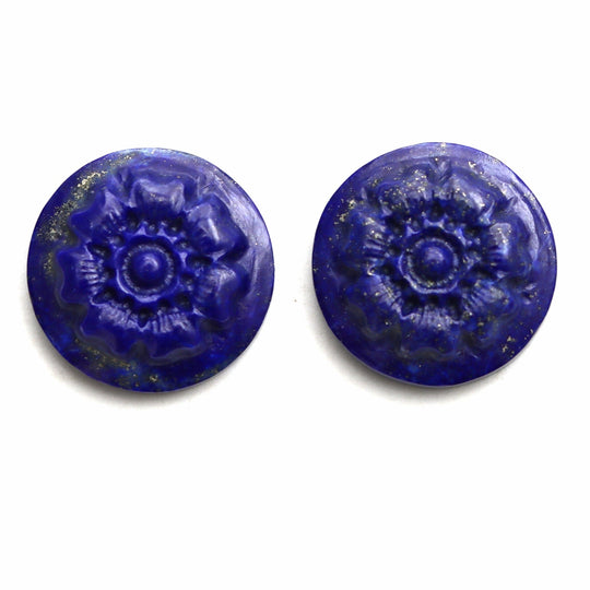 Lapis Round Flower Carving Loose Gemstone, 19x19 mm, Lapis Jewelry Making Gemstone, Lapis Flower, Round Lapis Carving, Pair ( 2 Piece )
