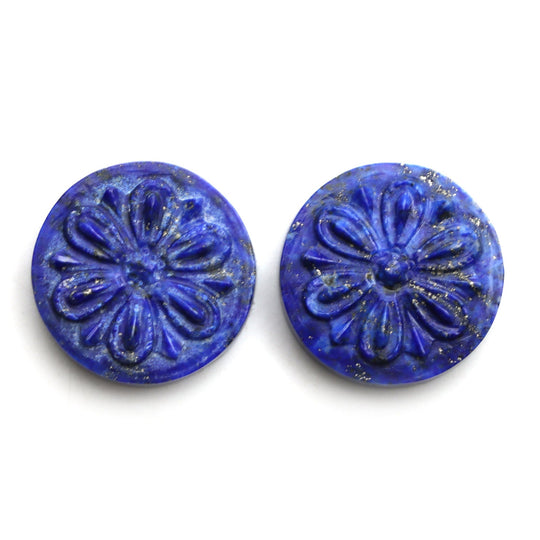 Lapis Round Flower Carving Loose Gemstone, 18.5x18.5 mm, Lapis Jewelry Making Gemstone, Lapis Flower, Round Lapis Carving, Pair ( 2 Pieces )