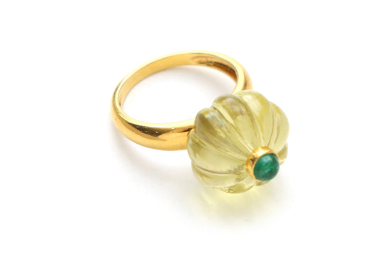 Natural Lemon Quartz & Emerald Round Cabs 14K Solid Gold Ring | Handcrafted Fine Jewelry