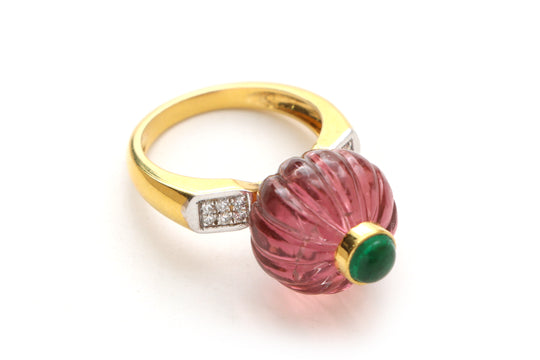 Natural Tourmaline Carving & Emerald Cab 14K Solid Gold Ring | Handcrafted Fine Jewelry