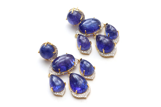 Natural Tanzanite Mix Cabs 14K Solid Gold Earrings | Handcrafted Fine Jewelry