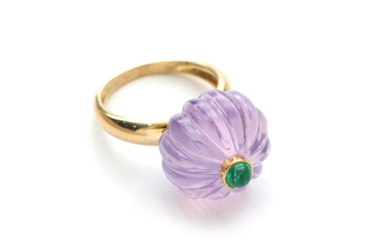 Natural Amethyst Carving & Emerald Cab 14K Solid Gold Ring | Handcrafted Fine Jewelry
