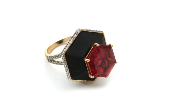 Natural Tourmaline Hexagon Cut & Black Onyx Carving 14K Solid Gold Ring | Handcrafted Fine Jewelry