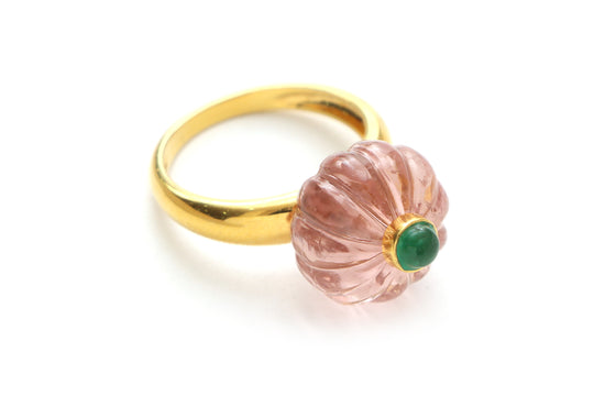 Natural Tourmaline Carving & Emerald Cab 14K Solid Gold Ring | Handcrafted Fine Jewelry