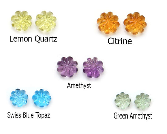 Carved Melon Beads, Fluted Gemstones Beads, Matching Pair, Lemon Quartz, Citrine, Amethyst & Swiss Blue Topaz, Loose Stones For Jewelry Making