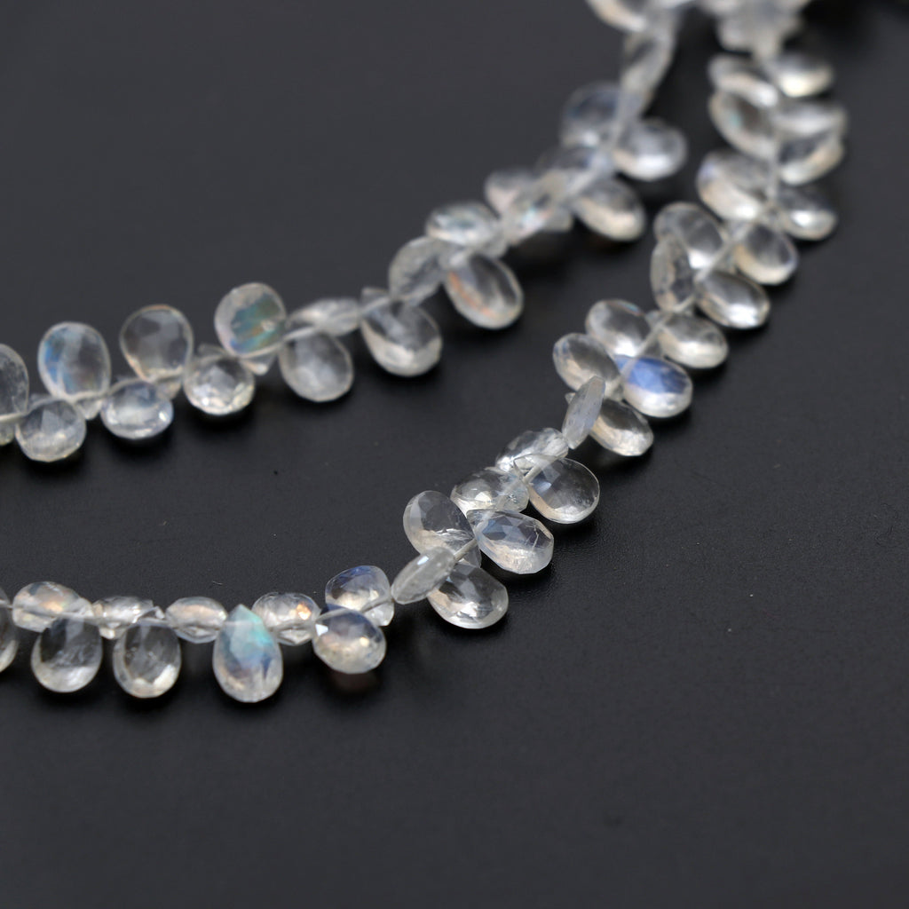 Natural Rainbow Moonstone Faceted Pear Briolette Beads, 4.5x7 MM to 5x7.5 MM, Moonstone Strand, 8 Inch/16 inch Full Strand, per strand price - National Facets, Gemstone Manufacturer, Natural Gemstones, Gemstone Beads