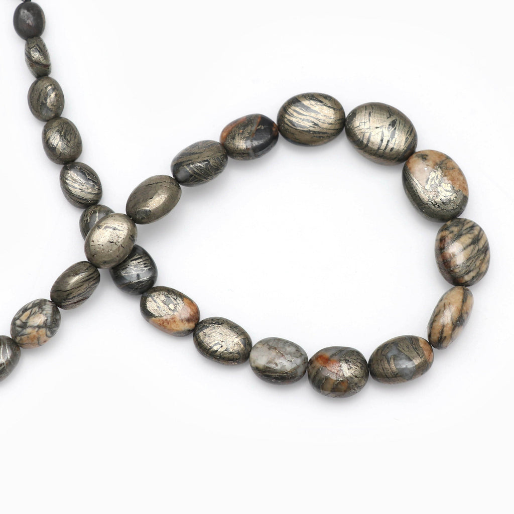 Natural Feather Pyrite Oval Shape Smooth Beads, Feather Pyrite Gemstone | 6x5 mm to 12x10 mm - Gem Quality, 10 Inch, Price Per Strand - National Facets, Gemstone Manufacturer, Natural Gemstones, Gemstone Beads