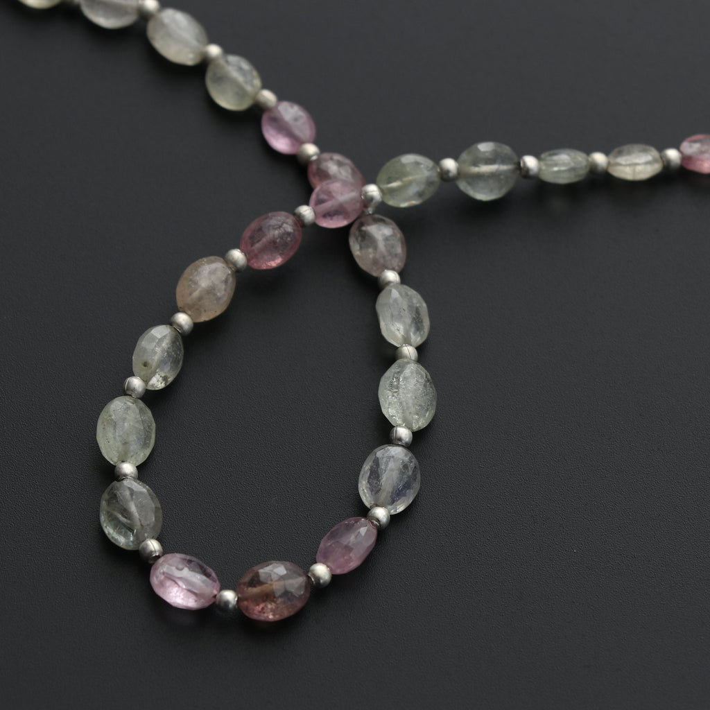 Multi Sapphire Faceted Oval Beads with Metal Spacer Balls 3x5mm to 4x7mm-Multi Sapphire Oval-Gem Quality,20 Cm Full Strand, Price Per Strand - National Facets, Gemstone Manufacturer, Natural Gemstones, Gemstone Beads