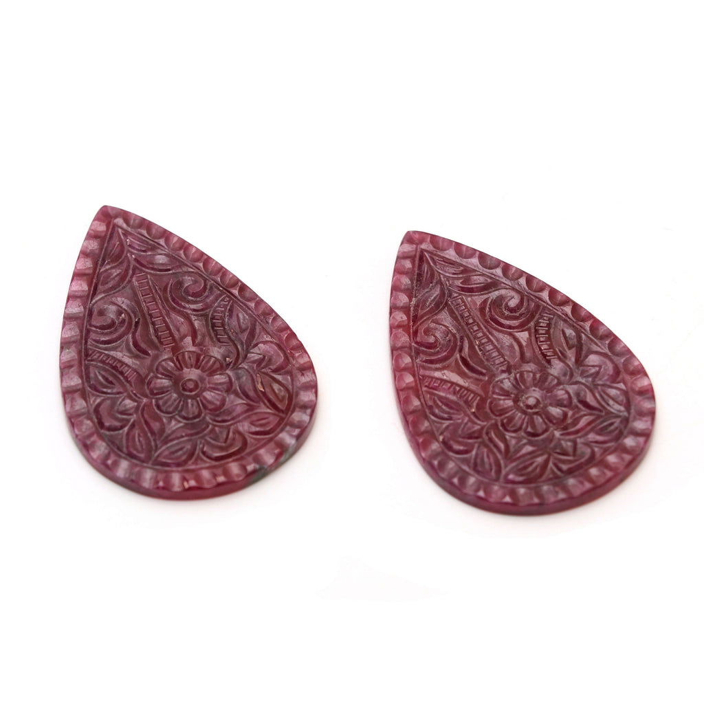 Natural Ruby Carving Pear Shaped Loose Gemstone - 46x31x2 mm - Ruby Pear, Ruby Carving Loose Gemstone, Pair (2 Pieces) - National Facets, Gemstone Manufacturer, Natural Gemstones, Gemstone Beads