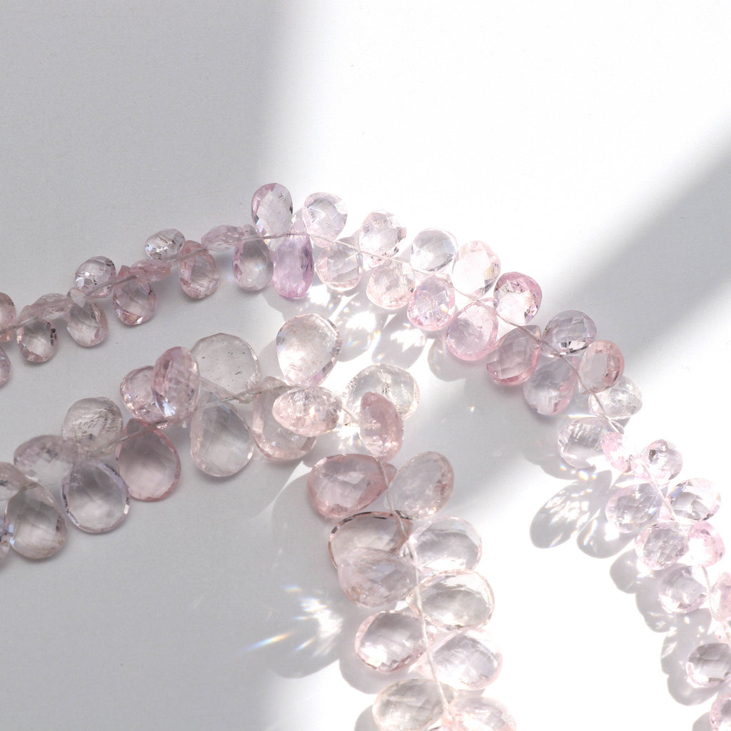 Morganite Faceted Pear Beads, Morganite Faceted- 5x8 mm to 7x11.5 mm - Morganite Pear - Gem Quality , 8 Inch Full Strand, Price Per Strand - National Facets, Gemstone Manufacturer, Natural Gemstones, Gemstone Beads