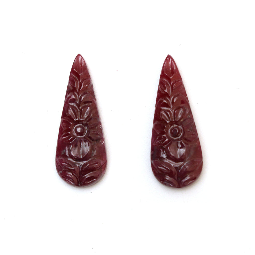 Natural Ruby Carving Pear Shaped Loose Gemstone - 10x27 mm - Ruby Pear, Ruby Carving Loose Gemstone, Pair (2 Pieces) - National Facets, Gemstone Manufacturer, Natural Gemstones, Gemstone Beads