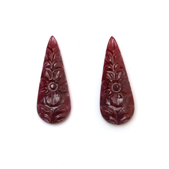 Natural Ruby Carving Pear Shaped Loose Gemstone - 10x27 mm - Ruby Pear, Ruby Carving Loose Gemstone, Pair (2 Pieces)