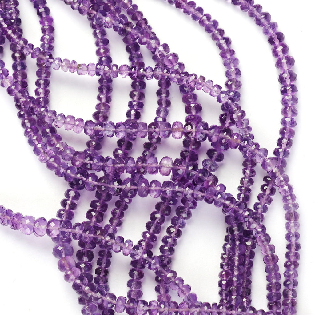 Amethyst Faceted Beads, Amethyst Rondelle Beads, Faceted Beads, Round Beads, Fine Quality, Natural, 4mm to 6 mm, 8 Inch Strand - National Facets, Gemstone Manufacturer, Natural Gemstones, Gemstone Beads