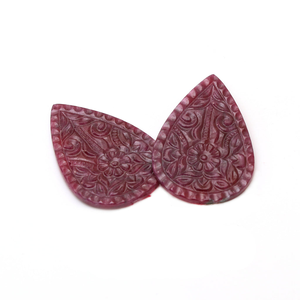 Natural Ruby Carving Pear Shaped Loose Gemstone - 46x31x2 mm - Ruby Pear, Ruby Carving Loose Gemstone, Pair (2 Pieces) - National Facets, Gemstone Manufacturer, Natural Gemstones, Gemstone Beads