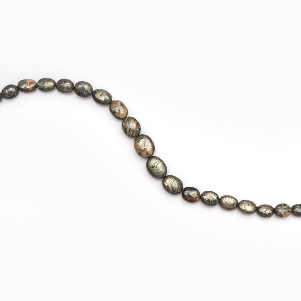 Natural Feather Pyrite Oval Shape Smooth Beads, Feather Pyrite Gemstone | 6x5 mm to 12x10 mm - Gem Quality, 10 Inch, Price Per Strand - National Facets, Gemstone Manufacturer, Natural Gemstones, Gemstone Beads