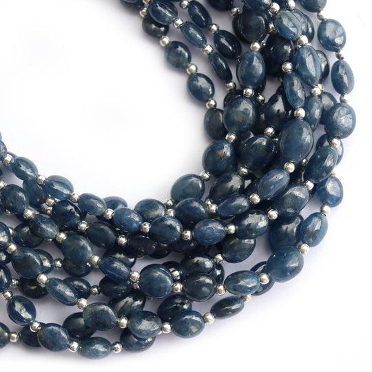 Blue Sapphire Smooth Oval With Metal Spacer- 3x5mm to 5x9mm - Blue Sapphire Jewelry Making Beads, 8 Inch/ 20 Cm Full Strand, Price Per Strand