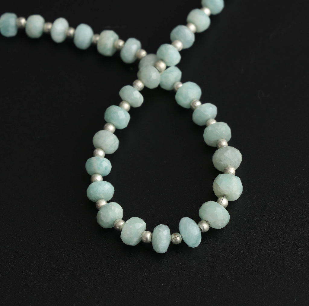 Amazonite Faceted Roundel Beads With Metal Spacer Balls - 4mm to 6.5mm - Amazonite Beads - Gem Quality , 8 Inch Strand, Price Per Strand - National Facets, Gemstone Manufacturer, Natural Gemstones, Gemstone Beads