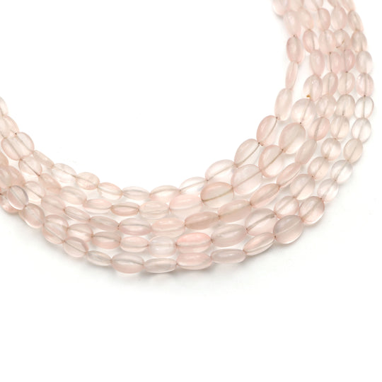 ローズクォーツ スムースオーバルビーズ、4.5x5.5 mm から 6.5x8 mm、ローズクォーツジュエリーメイキングビーズ、8 インチフルストランド、1 ストランドあたりの価格