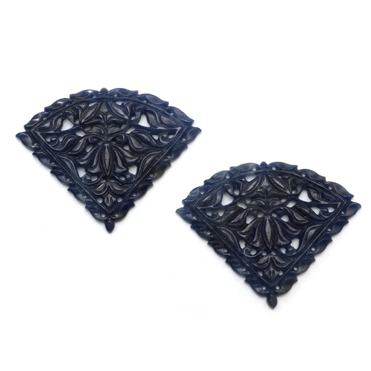 Natural Blue Sapphire Carving Triangle Loose Gemstone - 50x40mm - Sapphire Jewelry Making Gemstone, Pair (2 Pieces)